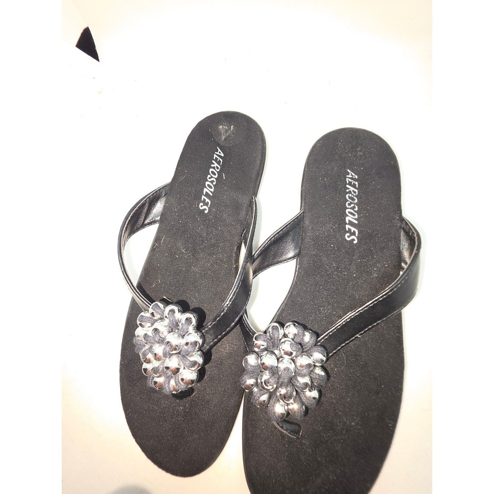 Aerosoles Womens Black Thong Sandals Silver‎ Beaded Flower Wedge Flip Flops 6.5M